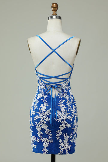 Correas de espagueti vaina azul vestido de bienvenida con apliques